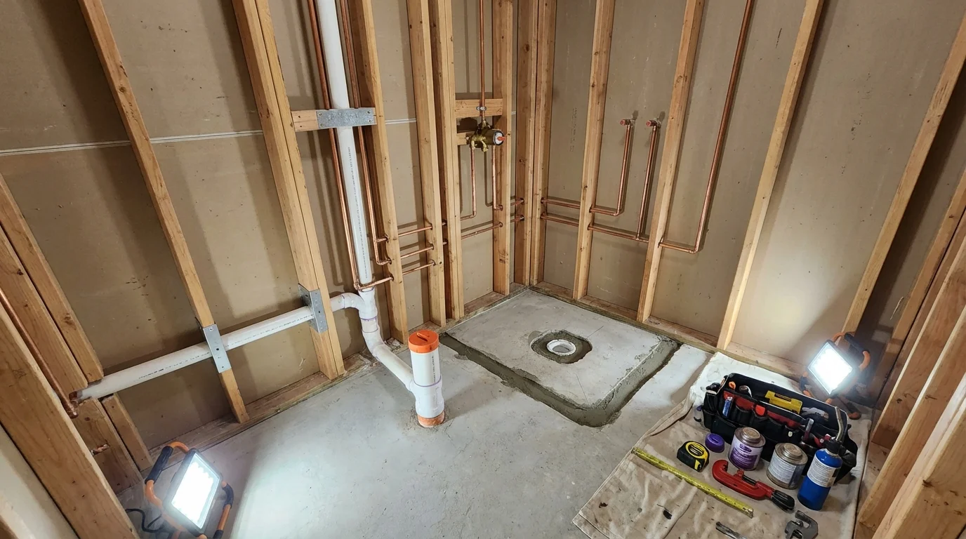 Bathroom rough-in plumbing during remodel by Johns Plumbing LLC in Danielsville