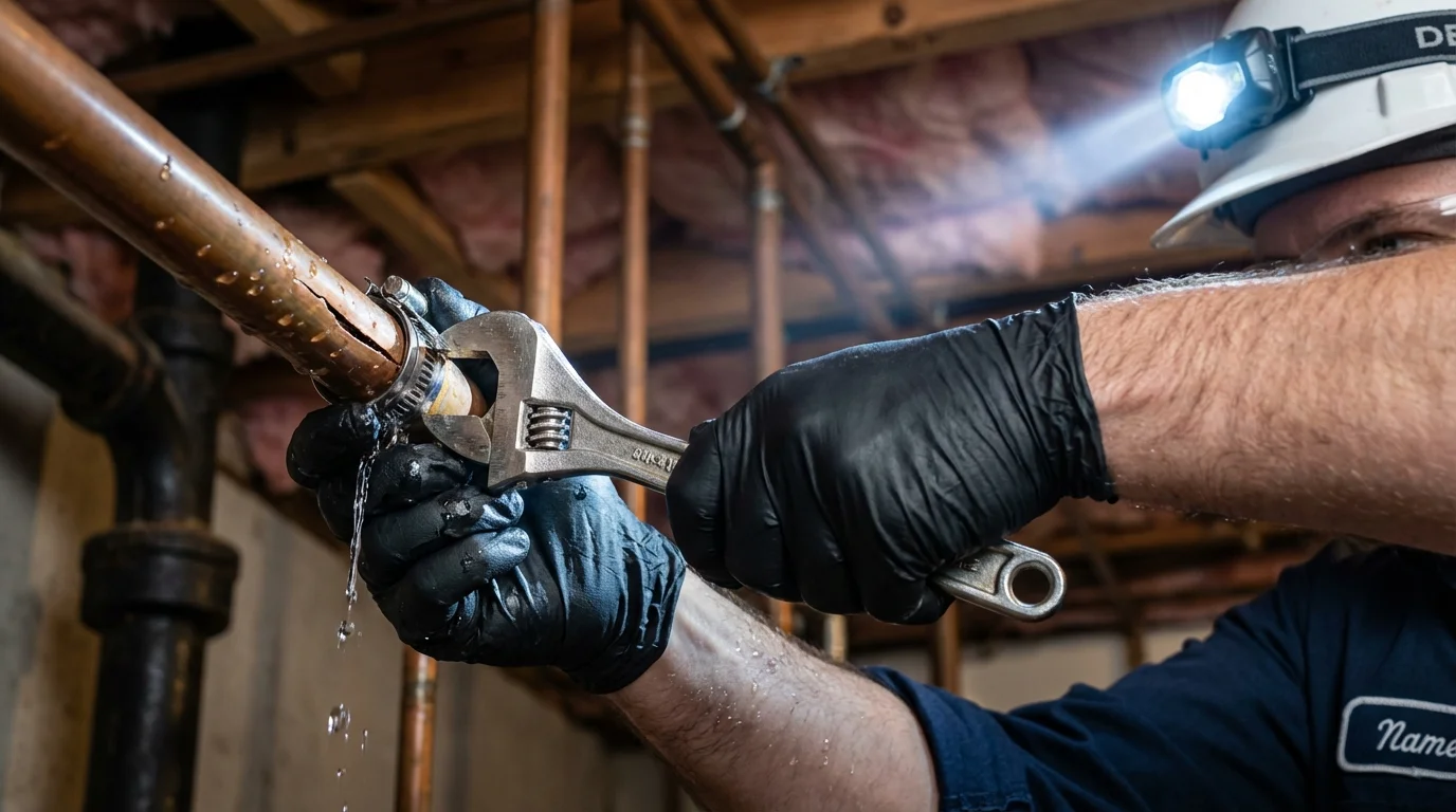 Emergency pipe clamp repair being performed by a Johns Plumbing LLC plumber in Danielsville