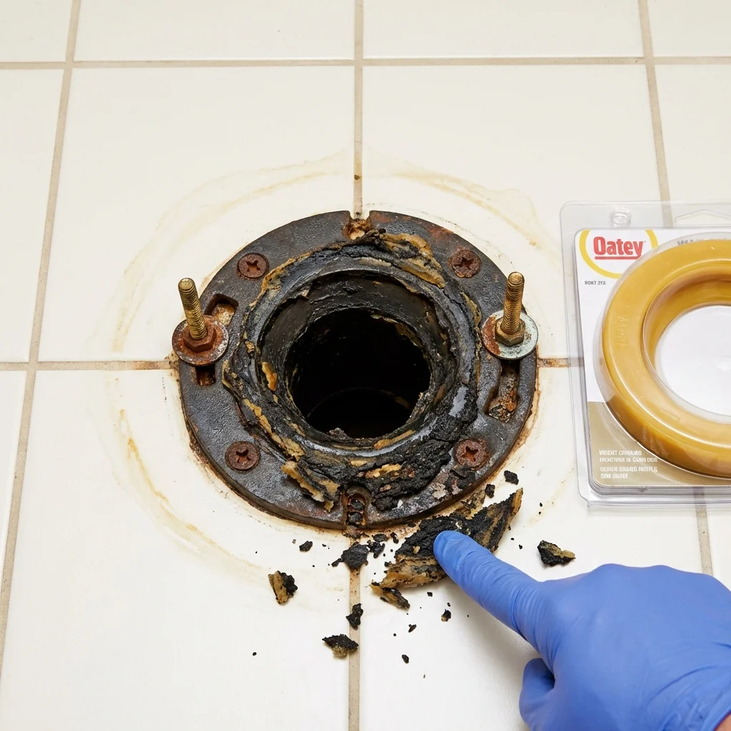 Failed wax ring showing water seepage at the base of a toilet in a Danielsville, GA home