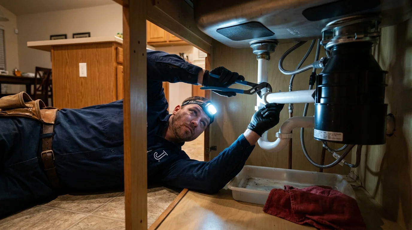 P-trap and supply line connections under a kitchen sink showing a common leak point in Danielsville, GA